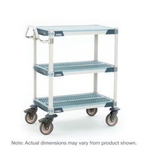 The MetroMax i MXUC2436FT-35L 3-Shelf Industrial Polymer Shelving Lab Utility Cart has a sturdy frame and solid top shelf mat, measuring 24 W x 36 L x 39.25 H, with four swivel wheels and a metal handle for easy mobility. Note: Actual dimensions may vary from product shown.