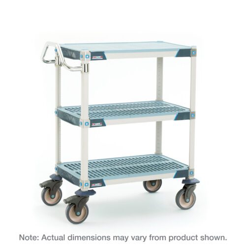 5xqvy8uorymvjdo25gpi7nic74p9l4yd.jpg The MetroMax i MXUC2436FT-35L 3-Shelf Industrial Polymer Shelving Lab Utility Cart has a sturdy frame and solid top shelf mat, measuring 24 W x 36 L x 39.25 H, with four swivel wheels and a metal handle for easy mobility. Note: Actual dimensions may vary from product shown.