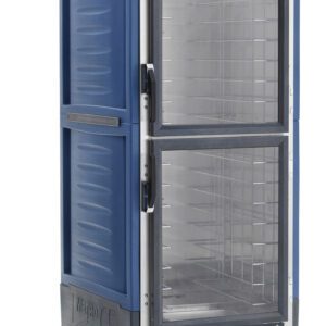 The Metro C539-HLDC-4-BU C5 is a full-height blue insulated holding cabinet with Dutch Clear Doors and white wheels, featuring a digital temperature display, vent control panel, operating on 120V, 60Hz.