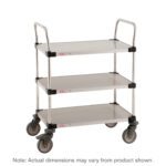 The Metro MW208L Super Erecta Lab Utility Cart, 24 W x 36 L x 39.5 H, comes with three stainless steel shelves on a sturdy metal frame, featuring four swivel wheels and metal handles. Actual dimensions may vary from the product shown.