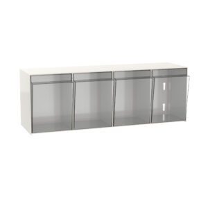The Metro FL544 Flexline Tilting 4-Bin Storage Module for Overbridge is a sleek, wall-mounted unit with four compartments featuring translucent, angled doors for easy access and visibility of contents, making it perfect for modern interiors.