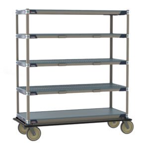 The Metro ECT56CX3 MetroMax i Transport and Exchange Cart boasts a four-tier wheeled design with 24 x 60 gray shelves, a beige frame, rubber wheels for seamless movement, and perforated shelves for airflow, ideal for industrial or office storage.
