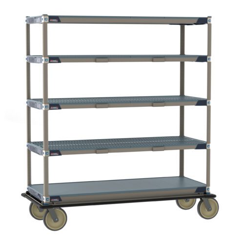 The Metro ECT56CX3 MetroMax i Transport and Exchange Cart boasts a four-tier wheeled design with 24 x 60 gray shelves, a beige frame, rubber wheels for seamless movement, and perforated shelves for airflow, ideal for industrial or office storage.