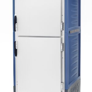 The Metro C5 3 Series Insulated Cabinet is a blue, full-height food warmer with dual compartments and Dutch solid doors. It features control knobs and a temperature gauge, operating at 220-240V, 50/60Hz. Equipped with lip load aluminum slides, its visually set against a white background.