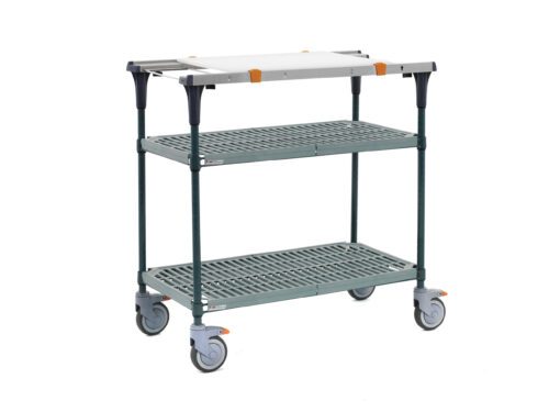 The Metro MS1836-PRPR-PK1 PrepMate MultiStation is a two-tiered utility cart with Super Erecta Pro shelves and Metroseal Green Epoxy posts, featuring a silver top shelf with orange accents and four swivel wheels for easy mobility.