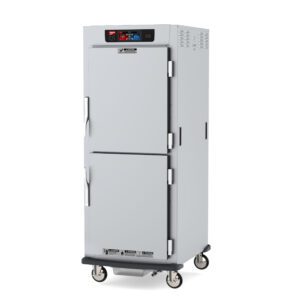 The Metro C599L-SDS-LPDC C5 9 Series is a full-height, mobile warming cabinet with Dutch solid/clear doors and lip load aluminum slides. It features top digital controls, operates at 120V, and is finished in light gray for commercial food warming.
