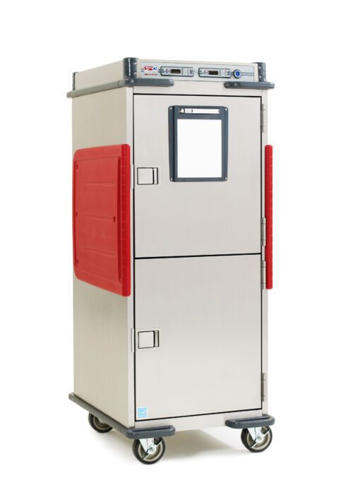 The Metro C5T9D-DSL C5 T-Series Heated Transport Cabinet, a full-height unit with Dutch solid doors, features adjustable lip load slides and two compartments. It runs at 120V, 60Hz efficiency and includes control dials with smooth mobility on four wheels.