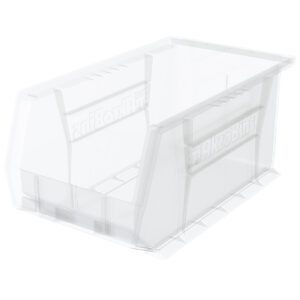 The Metro MB30240CLSH Stacking/Hanging Supply Bin, Clear, offers a 14.75 x 8.25 x 7 open-front storage solution with side handles, smooth surface, and embossed branding for efficient organization.