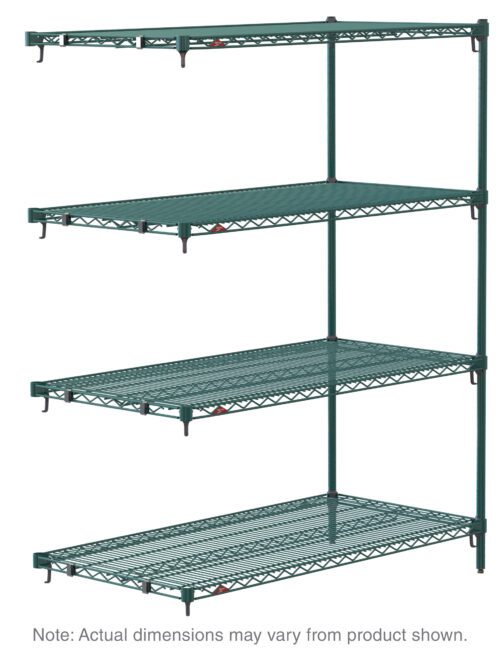 The Metro Super Adjustable Super Erecta AA466K3 features four industrial wire shelves in epoxy green, supported by vertical bars for versatile storage. Actual dimensions are 21 x 60 x 63.