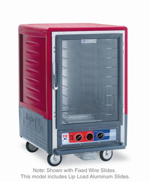 The Metro C535-MXFC-LA C5 3 Series is a red and gray commercial food warmer with a full-length clear door, featuring Lip Load Aluminum Slides. It operates at 220-240V, with control knobs at the bottom and four wheels for mobility.