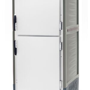 The Metro C539-HDS-4-GY C5 3 Series is a full-height, gray insulated holding cabinet with Dutch solid doors and fixed wire slides. It includes a bottom control panel with red accents, operates at 120V/60Hz/2000W, and is effortlessly mobile on wheels for seamless transport with locking latches.