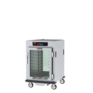 The Metro C595X-SFC-UPFCA C5 9 Series Cabinet is a mobile, metallic unit with full-length glass doors, featuring universal wire slides and a digital temperature display. It operates at 220-240V, 50/60Hz and includes multiple racks for trays.