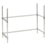The Metro2Go Hot Station Freestanding Leg Kit, HS-1842LEGKIT-3F, is a silver metal wire shelving rack with two levels and a sturdy frame including four vertical posts and additional horizontal bars for support, set elegantly against a white background.