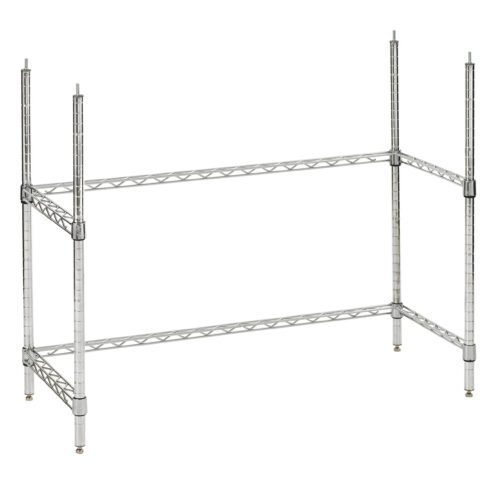 The Metro2Go Hot Station Freestanding Leg Kit, HS-1842LEGKIT-3F, is a silver metal wire shelving rack with two levels and a sturdy frame including four vertical posts and additional horizontal bars for support, set elegantly against a white background.