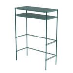 The Metro CR245474PRH2 Super Erecta Pro Overhead Storage unit, measuring 24 x 54 x 74, features two solid perforated shelves and four vertical supports in a green metal design, offering a simple and open structure ideal for storage or organization.
