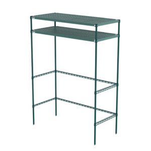 The Metro CR245474PRH2 Super Erecta Pro Overhead Storage unit, measuring 24 x 54 x 74, features two solid perforated shelves and four vertical supports in a green metal design, offering a simple and open structure ideal for storage or organization.