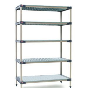 The MetroMax 4 5X517H4 is a five-shelf plastic industrial shelving starter unit, featuring ventilated shelves and a solid bottom shelf, measuring approximately 24 x 24 x 74. Note: Actual dimensions may vary.