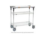 The Metro MS1830-BRBR-PK1 PrepMate MultiStation boasts Brite Zinc Wire top and bottom shelves with chrome posts, solid white top shelf, gray handles, and four large wheels. Note: Dimensions may vary from those shown.