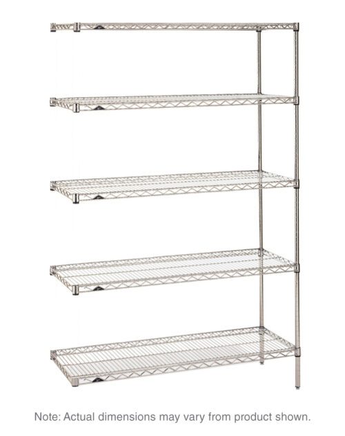 The Metro 5AN477BR Super Erecta Add-On Unit, a five-shelf industrial wire shelving system in Brite finish, has adjustable shelves supported by strong posts, measuring 21 x 72 x 74. Actual dimensions may vary.