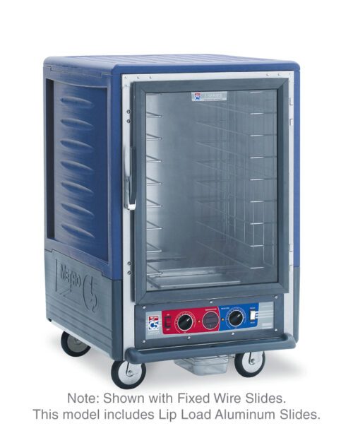 The Metro C535-CLFC-L-BUA C5 3 Series Cabinet, featuring a blue design and full-length clear door, offers 1/2 height with lip load aluminum slides. This 120V unit is mobile with wheels and has bottom control knobs for easy use.
