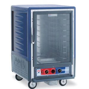 The Metro C535-MXFC-4-BU is a 1/2 height insulated moisture heated holding/proofing cabinet with a stylish blue design, full-length clear door, bottom control knobs, side handle, and wheels for mobility. It operates at 220-240V, 50/60Hz, and consumes 1681-2000W.