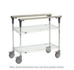 The Metro MS1830-BRBR PrepMate MultiStation 30 features Brite Zinc Wire top and bottom shelves with Chrome posts, large wheels, and a sleek black and silver design that enhances any space. Note: Actual dimensions may vary from product shown.