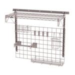 The Metro SWKIT36-BOXK4 is a versatile metal wall-mounted storage rack featuring a wire shelf on top, a grid structure below, and multiple hooks, making it ideal for organizing tools or supplies in any garage or workshop.