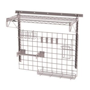 The Metro SWKIT36-BOXK4 is a versatile metal wall-mounted storage rack featuring a wire shelf on top, a grid structure below, and multiple hooks, making it ideal for organizing tools or supplies in any garage or workshop.