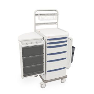 The Metro SXRSCAST Starsys Cast Cart is a mobile medical cart on wheels with multiple compartments, drawers with blue handles, open-side shelves, a top tray, a wire basket, and a side waste bin for efficient organization.