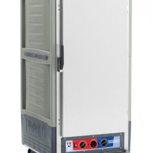 The Metro C537-MXFS-4-GYA C5 3 Series is a gray insulated moisture heated holding/proofing cabinet with a full-length solid door, wheels for mobility, 220-240V, 50/60Hz operation, two control knobs and display screen at the bottom front, and a sturdy handle for optimal food temperatures.