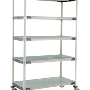 The MetroMax i 5X557EGX3 mobile cart is an industrial plastic shelving unit with five adjustable shelves, a solid bottom shelf, and four swivel casters for easy mobility. This silver and blue reinforced unit measures 24 x 48 x 79.3125.