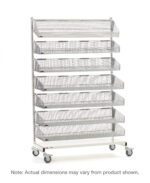 The Metro QB118-M7 qwikSIGHT Mobile Single-Sided 7-Basket Shelving Unit, 18 L, includes seven angled mesh shelves on wheels for easy mobility and organization. Note: Actual dimensions may vary from product shown.