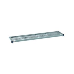 The 14 x 60 metal scaffolding plank has a perforated surface for grip and safety and stands on small supports at each end, ideal for construction. It perfectly complements the MetroMax Q MQ1460G Plastic Industrial Shelf with Grid Mat.