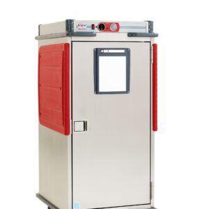 The Metro C5T8-ASF is a 5/6 height heated transport cabinet with a full-length solid door and fixed lip load slides, powered by 120V, 60Hz, and 1400W. It has a convenient control panel at the top and caster wheels for easy mobility.