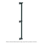 The Metro 54PDFK3 Super Erecta Wall Mount Post, Metroseal Green Epoxy, 54 H, displays three evenly spaced brackets with installation holes. The minimalistic green design contrasts against a white background, with a note on potential dimension variations.
