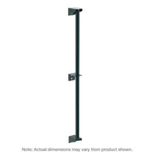 The Metro 54PDFK3 Super Erecta Wall Mount Post, Metroseal Green Epoxy, 54 H, displays three evenly spaced brackets with installation holes. The minimalistic green design contrasts against a white background, with a note on potential dimension variations.