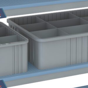 A gray plastic shelving unit with three blue-accented shelves is perfect for organizing. It includes two gray storage bins: a smaller, compartmentalized GWOLYKIT and a larger bin ideal for the Metro Tote Glassware Transport Kit.