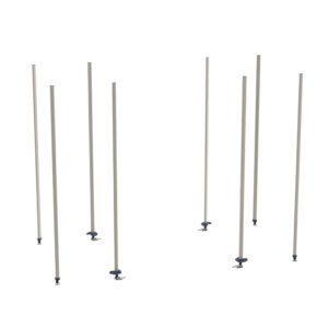 Eight tall, slim polymer posts with small bases are displayed in staggered rows against a white background, evoking the sleek design of the Metro BTEX3 qwikTRAK Stationary End Unit Kit for MetroMax Shelving.