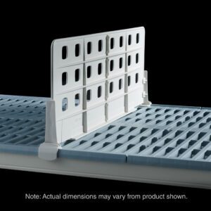 The MetroMax i MXD18-8 Standard Duty Shelf Dividers feature a ventilated grid design with a white vertical divider for organization. Measuring 18 L x 8 H, actual dimensions may vary from those shown against its black background.
