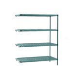 The Metro PR-184263K3-A-4 Super Erecta Pro Industrial Wire 4-Shelf Restaurant Shelving Add-On Unit, measuring 18 x 42 x 63, boasts a robust green design with removable plastic mats against a pristine white backdrop.