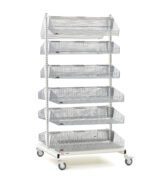 The Metro QB236-M12 qwikSIGHT Double-Sided Shelving Unit, 36 L, features seven baskets and a sleek metal design. It moves smoothly on wheels and is photographed against a plain white background for a minimalist look.