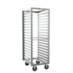 A tall, wheeled metal rack with 3 slide spacing and dimensions 21.375 x 26 x 64.75 perfect for holding trays/pans, with an open frame and four swivel caster wheels, ideal for kitchens/bakeries, fits Metro RF3N Roll-In Refrigerator Pan Racks.