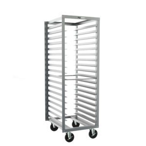 A tall, wheeled metal rack with 3 slide spacing and dimensions 21.375 x 26 x 64.75 perfect for holding trays/pans, with an open frame and four swivel caster wheels, ideal for kitchens/bakeries, fits Metro RF3N Roll-In Refrigerator Pan Racks.