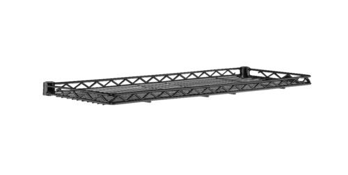 The Metro 1224CSNBL Super Erecta is a black metal wall shelf measuring 12 x 24, featuring a lattice design with raised edges. Ideal for wall mounting, it provides both storage and a stylish decorative touch.