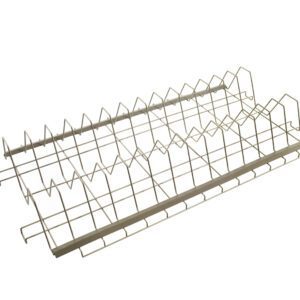 The Metro XTR2448XEA Tray Drying Rack fits 24 x 48 shelving and offers 3 spaced slots for plates and a flat section for utensils. Its slight angle aids drainage, showcased against a clean white backdrop.