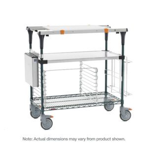 The Metro MS1830-FSNK-PK2 PrepMate MultiStation 30 Prep Station includes a Solid Stainless Steel top shelf and Metroseal Green Epoxy Wire bottom shelf, featuring stainless steel posts, is versatile for organizing and prepping. Note: Dimensions may vary from product shown.