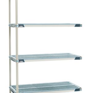 The MetroMax i AX576GX3 4-Shelf Plastic Shelving Add-On Unit features a grid design with blue corner accents on adjustable shelves, measuring 24 x 72 x 63, ideal for versatile storage. Note: actual dimensions may vary from the product shown.