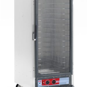 The Metro C517-HXFC-4A C5 1 Series is a 3/4 height stainless steel warming cabinet with a transparent front door, featuring fixed wire slides on multiple shelves. It has control knobs, four wheels for mobility, and operates efficiently at 220-240V and 50/60Hz.