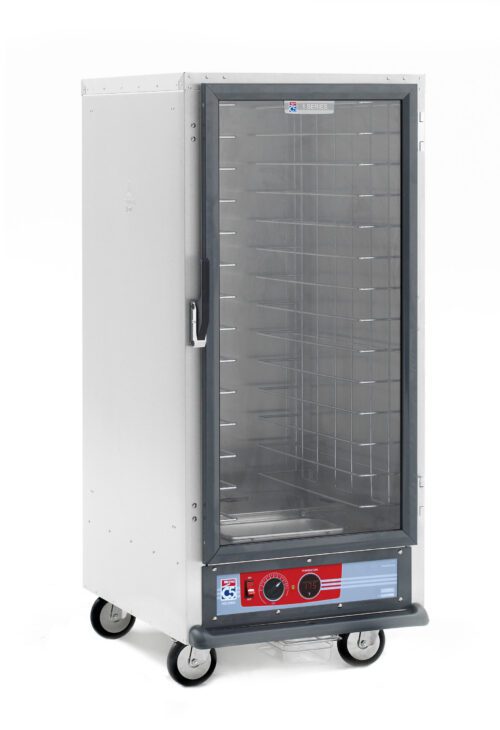 The Metro C517-HXFC-4A C5 1 Series is a 3/4 height stainless steel warming cabinet with a transparent front door, featuring fixed wire slides on multiple shelves. It has control knobs, four wheels for mobility, and operates efficiently at 220-240V and 50/60Hz.