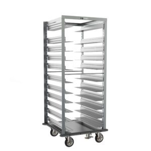 The Metro RF78NA33A71 Roll-In Refrigerator Adjustable Pan Rack, 26.375 x 28 x 64.5, includes a gray continuous bumper and floor lock, offers open access for trays or pans, and is ideal for industrial settings with wheels and multiple shelves.